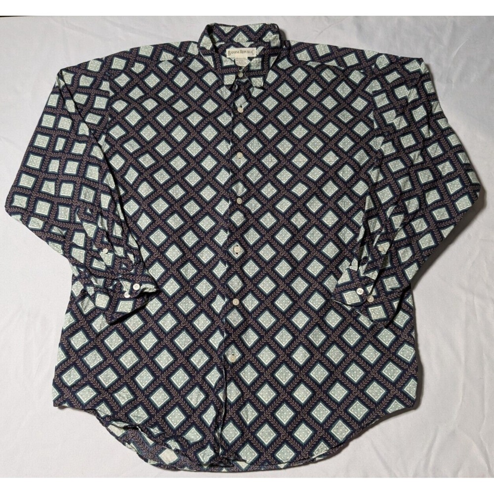 VTG BANANA REPBULIC Men Large Cotton Navy Green Geo Button-Up Shirt